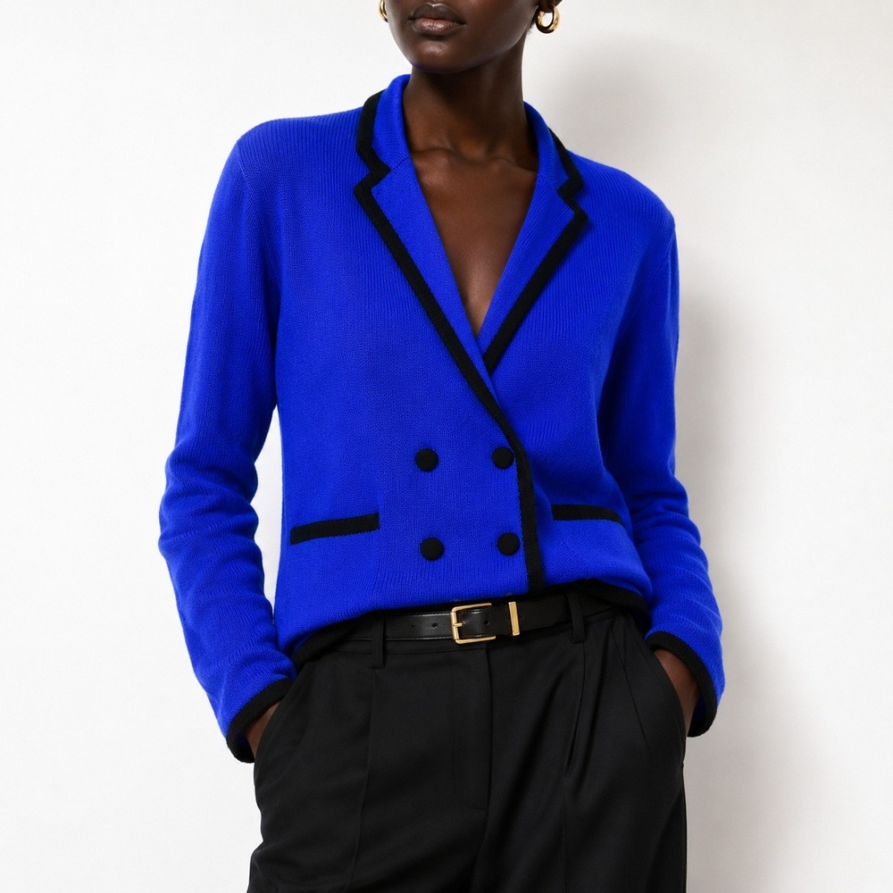 Vintage Cobalt Blue Knit Blazer Womens 6 Wool Double Breasted Contrast Trim Mod